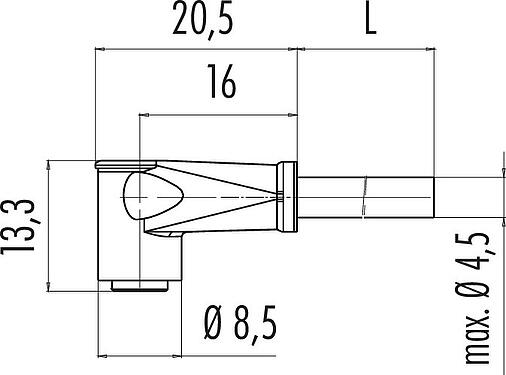 Scale drawing M8 Female angled connector, Contacts: 3, unshielded, PUR, black, 3 x 0.14 mm², Snap-in version, 5 m