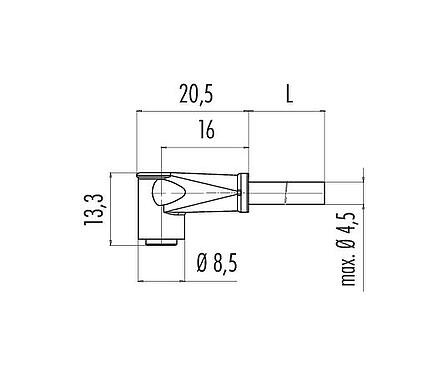 Schaaltekening M8 Female haakse connector, aantal polen: 4, onafgeschermd, aan de kabel aangegoten, IP65, PVC, zwart, 4 x 0,25 mm², Snap versie, 2 m