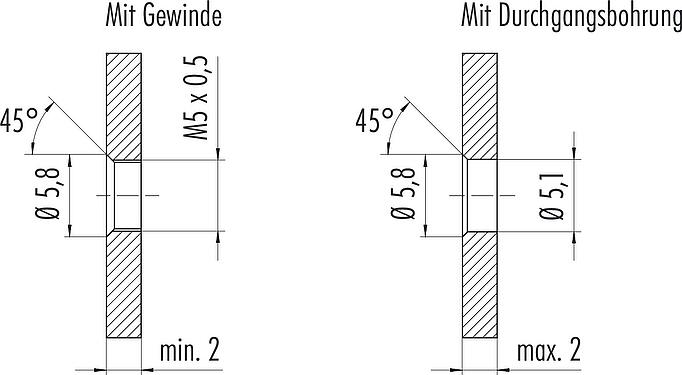 Montageanleitung / Montageausschnitt M5 Flanschdose, Polzahl: 4, ungeschirmt, Litzen, IP67, M5x0,5, Frontmontage, vergossen