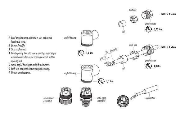 Montážní návod M12 Úhlová zástrčka, : 4, 6,0-8,0 mm, nestíněný, Napínací pružina klece, IP67