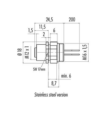 Desenho da escala M12 Soquete de flange, Contatos: 8, desprotegido, fios simples, IP68/IP69K, UL 2238, M16x1,5, Montagem frontal, Aço inoxidável, posicionável