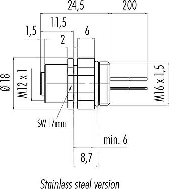 Scale drawing M12 Female panel mount connector, Contacts: 12, unshielded, single wires, IP68/IP69K, UL 2238, M16x1.5, Front mounting, Positionable coding alignment, potted