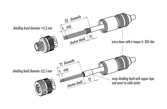 조립 지침 99 3727 810 04 - M12 케이블 커넥터, 콘택트 렌즈: 4, 5.0-8.0mm, 차폐 가능, 나사 클램프, IP67, UL