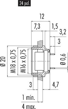 Scale drawing M16 Female panel mount connector, Contacts: 24, unshielded, THT, IP40, M18x0,75, Rear mounting