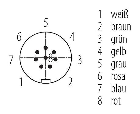 Polbild (Steckseite) Snap-In Kabelstecker, Polzahl: 8, ungeschirmt, am Kabel angespritzt, IP67, UL 2238, PUR, schwarz, 8 x 0,25 mm², 2 m
