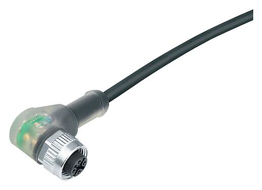 イラストレーション M12 メス アングルコネクタ, 極数: 4, 非シールド, モールドケーブル付き, IP68/IP69K, UL 2238, PUR, 黒, 4x0.34 mm², LED PNP付き, 5m
