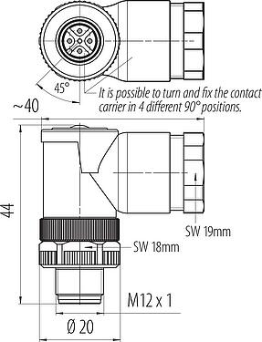 Rysunek z wymiarami M12 Męskie złącze kablowe kątowe, Kontaktów: 5, 2.1-3.0 mm (2 kabel), nieekranowany, zacisk śrubowy, IP67, UL 2238