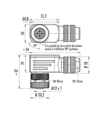 比例圖 M12 彎角孔頭電纜連接器, : 5, 6.5-8.5mm, 可接遮罩, 螺釘接線, IP67, UL 2238