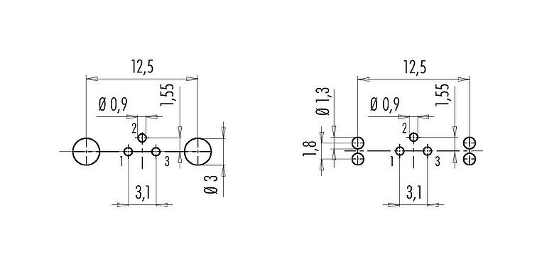 Conductor layout M9 Female panel mount connector, Contacts: 3, shieldable, THT, IP67, M12x0.5, Rear mounting