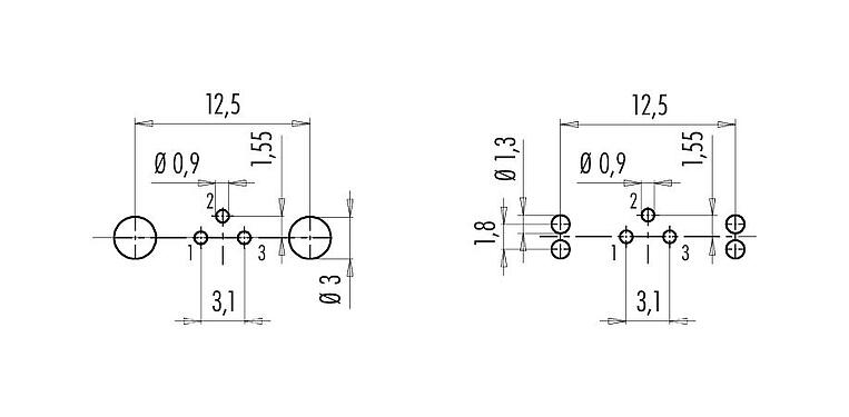 Disposizione dei conduttori 09 0408 35 03 - M9 Connettore femmina a flangia, Numero poli: 3, schermabile, THT, IP67, montaggio anteriore