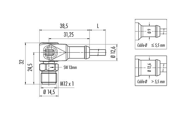 Scale drawing 77 3727 0000 20404-0200 - M12 Male angled connector, Contacts: 4, unshielded, moulded on the cable, IP69K, UL, Ecolab, PVC, grey, 4 x 0.34 mm², stainless steel, 2 m