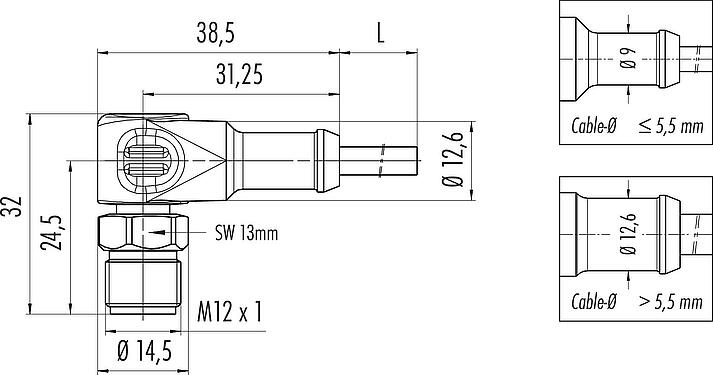 Scale drawing M12 Male angled connector, Contacts: 5, unshielded, moulded on the cable, IP67/IP69K, UL 2238, Ecolab, PVC, grey, 5 x 0.34 mm², stainless steel, 5 m