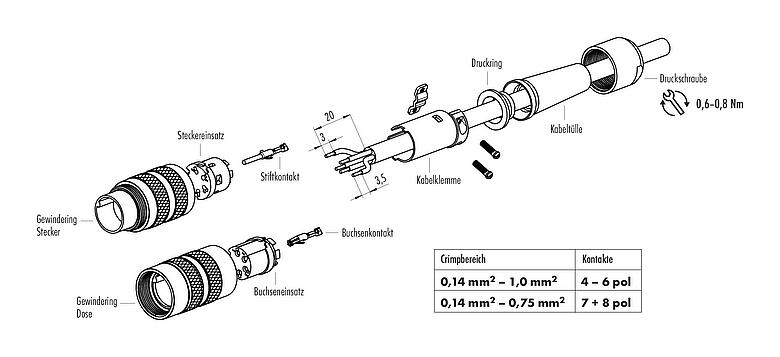 Montageanleitung M16 Kabelstecker, Polzahl: 5 (05-a), 6,0-8,0 mm, schirmbar, crimpen (Crimpkontakte müssen separat bestellt werden), IP40