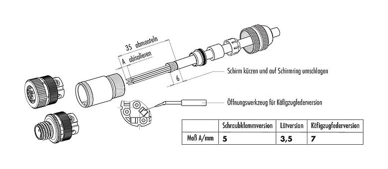 Montageanleitung M12 Kabeldose, Polzahl: 8, 4,0-6,0 mm, schirmbar, schraubklemm, IP67, mit Schirmring
