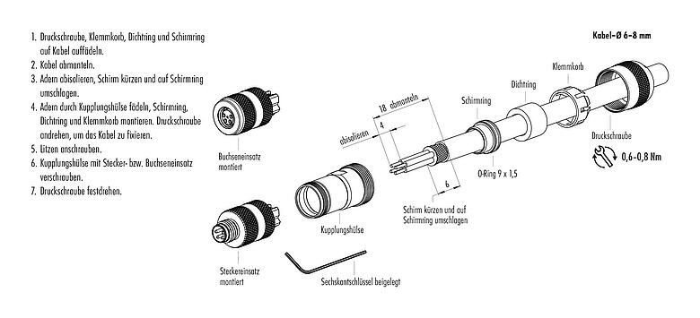 Montageanleitung M8 Kabelstecker, Polzahl: 3, 6,0-8,0 mm, schirmbar, schraubklemm, IP67, UL 2238, mit Schirmring