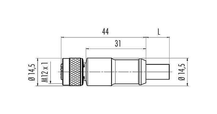 Bản vẽ tỷ lệ M12 Ổ cắm cáp, Số lượng cực : 2, có chống nhiễu, ép phun vào dây cáp, IP67, UL 2238, Profibus, PUR, màu tím, 2x0,25mm², 5m