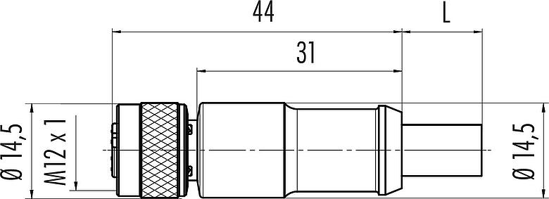 比例图 M12 直头孔头电缆连接器, 极数: 2, 屏蔽, 预铸电缆, IP67, UL 2238, Profibus, PUR, 紫色, 2x0.25mm², 10m