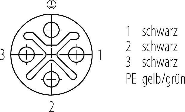Polbild (Steckseite) M12 Kabeldose, Polzahl: 3+PE, ungeschirmt, am Kabel angespritzt, IP68, UL 2238, PUR, schwarz, 4 x 1,50 mm², 2 m
