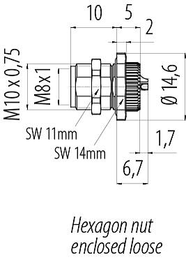 Méretarányos rajz M8 panelre szerelhető foglalat, : 3, kézi forrasztású, IP67/IP69K, M10x0,75, hátsó panel felszerelés, forrasztócsészékkel