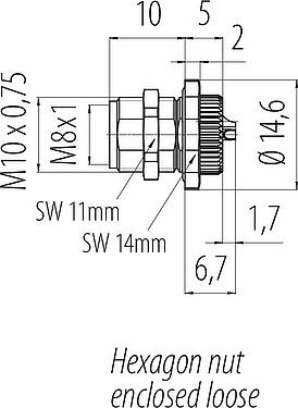 Scale drawing M8 Female panel mount connector, Contacts: 3, solder, IP67/IP69K, M10x0.75, Rear mounting, with solder cups