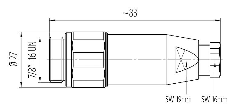 Dessin coté 7/8" Connecteur mâle, Contacts: 4+PE, 6,0-8,0 mm, non blindé, pince à visser, IP67, UL 2238, VDE