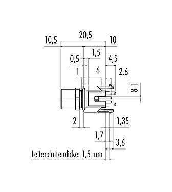 Maßzeichnung M8 Flanschdose, Polzahl: 4, ungeschirmt, THR, IP67, UL 2238