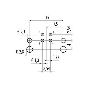 導體佈局 M12 針頭法蘭座,彎角, : 4, 非遮罩, THR, IP68, UL 2238, 後壁安裝, 用於PCB組裝, 可分離設計