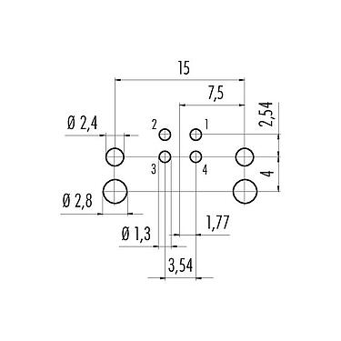 導体レイアウト 99 3431 202 04 - M12 オスパネルマウントコネクタ、アングル, 極数: 4, 非シールド, THR, IP68, UL, PCB実装, 2部構成のデザイン