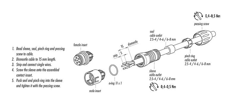 Assembly instructions Snap-In Male cable connector, Contacts: 3, 6.0-8.0 mm, unshielded, solder, IP67, UL 2238, VDE