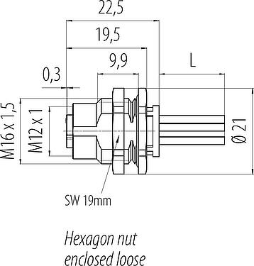 Méretarányos rajz M12 panelre szerelhető foglalat, : 5, árnyékolatlan, sodrott vezeték, IP68, UL 2238, M16x1,5, hátsó panel felszerelés