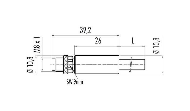 Scale drawing M8 Male cable connector, Contacts: 6, shielded, moulded on the cable, IP67, UL 2238, PUR, black, 6 x 0.25 mm², 2 m