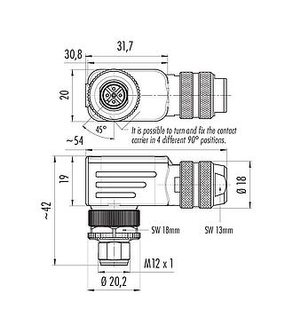 Výkres v měřítku M12 Úhlová zástrčka, : 5, 4,0-6,0 mm, stínitelné, šroubovací svorka, IP67, UL 2238, s ochranným kroužkem