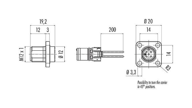Výkres v měřítku M12 Čtvercová přírubová zátka, : 4, nestíněný, Splétané vodiče, IP69k, IP68, IP67, UL 2238, M3 (4x), Přední montáž, Čtvercové pouzdro 20 mm, polohovatelný