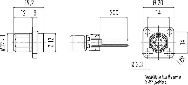 Scale drawing M12 Square male panel mount connector, Contacts: 5, unshielded, single wires, IP69k, IP68, IP67, UL 2238, M3 (4x), Front mounting, Square housing 20 mm, Positionable coding alignment