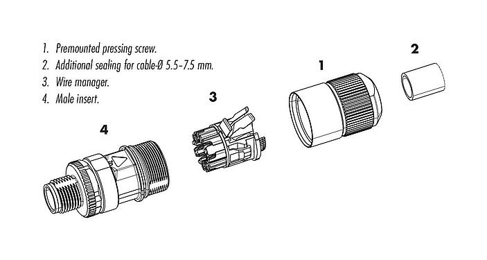 Zobrazení jednotlivých dílů M12 Zástrčka kabelu, : 8, 5,5-9,0 mm, stínitelné, IDC, IP67