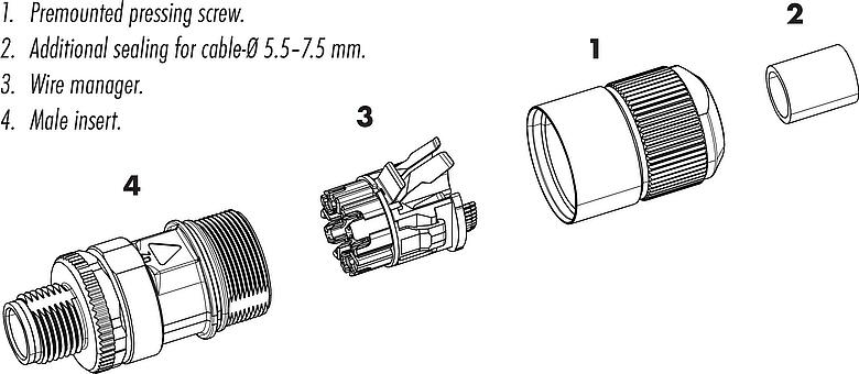 Dessin des composants M12 Connecteur mâle, Contacts: 8, 5,5-9,0 mm, blindable, IDC, IP67