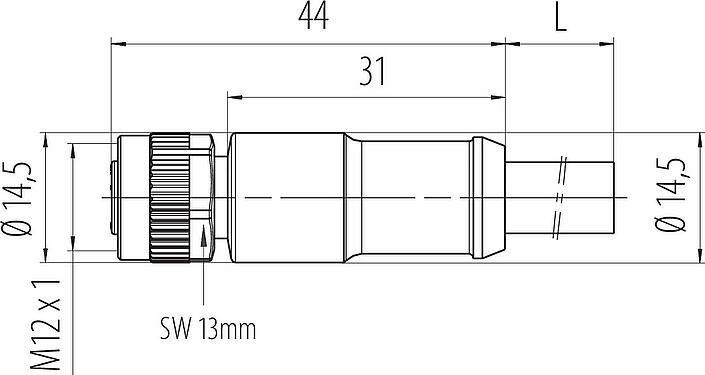 Schaaltekening M12 Kabeldoos, aantal polen: 2+PE, onafgeschermd, aan de kabel aangegoten, IP68, UL 2238, PUR, zwart, 3 x 1,50 mm², 2 m