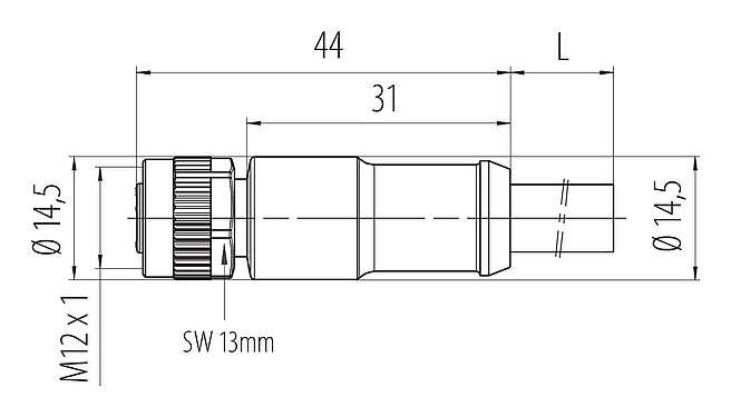 Maßzeichnung M12 Kabeldose, Polzahl: 3+PE, ungeschirmt, am Kabel angespritzt, IP68, UL 2238, PUR, schwarz, 4 x 1,50 mm², 5 m