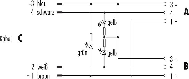 Belegungspläne M12 Zweifachverteiler, Y-Verteiler, Stecker - 2 Dosen, Polzahl: 4, ungeschirmt, am Kabel angespritzt, IP68, UL 2238, PUR, schwarz, 4 x 0,25 mm², mit LED PNP, 2 m