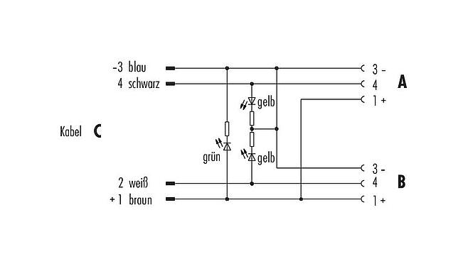Belegungspläne M12 Zweifachverteiler, Y-Verteiler, Stecker - 2 Dosen, Polzahl: 4, ungeschirmt, am Kabel angespritzt, IP68, UL 2238, PUR, schwarz, 4 x 0,25 mm², mit LED PNP, 2 m
