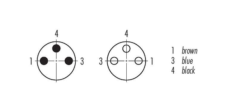 Disposition des contacts (Côté plug-in) M8 Câble de raccordement connecteur mâle - connecteur femelle coudé, Contacts: 3, non blindé, surmoulé sur le câble, IP67/IP69K, UL 2238, PUR, noir, 3 x 0,34 mm², 1 m