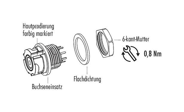 Einzelteildarstellung Bajonett Flanschdose, Polzahl: 8, ungeschirmt, löten, IP67, M13x1,0, Frontmontage