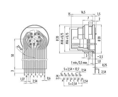 Anschluss & Maße
M16 Flanschstecker, Polzahl: 12 (12-a), ungeschirmt, THT, IP67, M18x0,75, Rückwandmontage