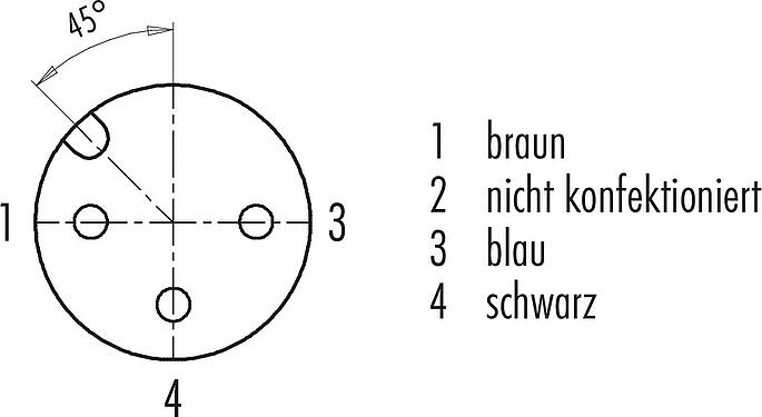 Polbild (Steckseite) M12 Kabeldose, Polzahl: 3, ungeschirmt, am Kabel angespritzt, IP68/IP69K, UL 2238, PVC, grau, 3 x 0,34 mm², 5 m