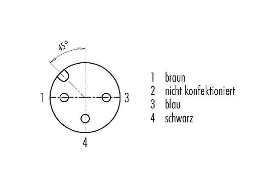 Polbild (Steckseite) M12 Kabeldose, Polzahl: 3, ungeschirmt, am Kabel angespritzt, IP68/IP69K, UL 2238, PUR, schwarz, 3 x 0,34 mm², 2 m