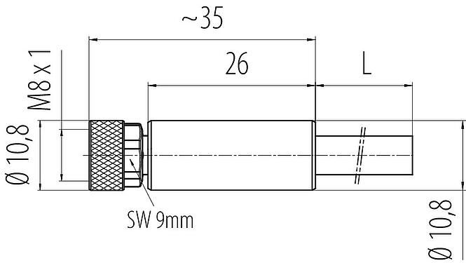 Desenho da escala M8 Tomada de cabo, Contatos: 4, blindado, moldado no cabo, IP67/IP69K, M8x1,0, PUR, preto, 4 x 0,34 mm², 2 m