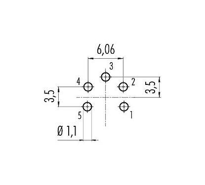 Leiterplattenlayout M16 Flanschstecker, Polzahl: 5 (05-a), ungeschirmt, THT, IP67, UL 2238, M18x0,75, Rückwandmontage