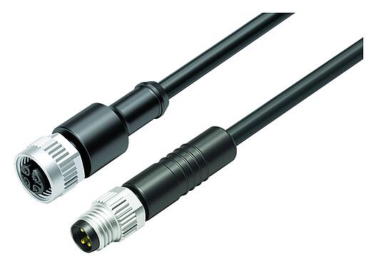 Illustration M12/M8 Connecteur femelle - Connecteur mâle, Contacts: 4, non blindé, surmoulé sur le câble, IP67/IP69K, UL 2238, PUR, noir, 4 x 0,34 mm², 1 m