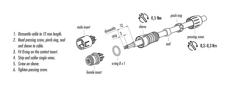 Assembly instructions Snap-In Male cable connector, Contacts: 4, 3.5-5.0 mm, unshielded, solder, IP67, UL 2238