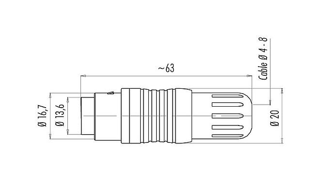 Dessin coté Push Pull Connecteur mâle, Contacts: 4, 4,0-8,0 mm, blindable, souder, IP67